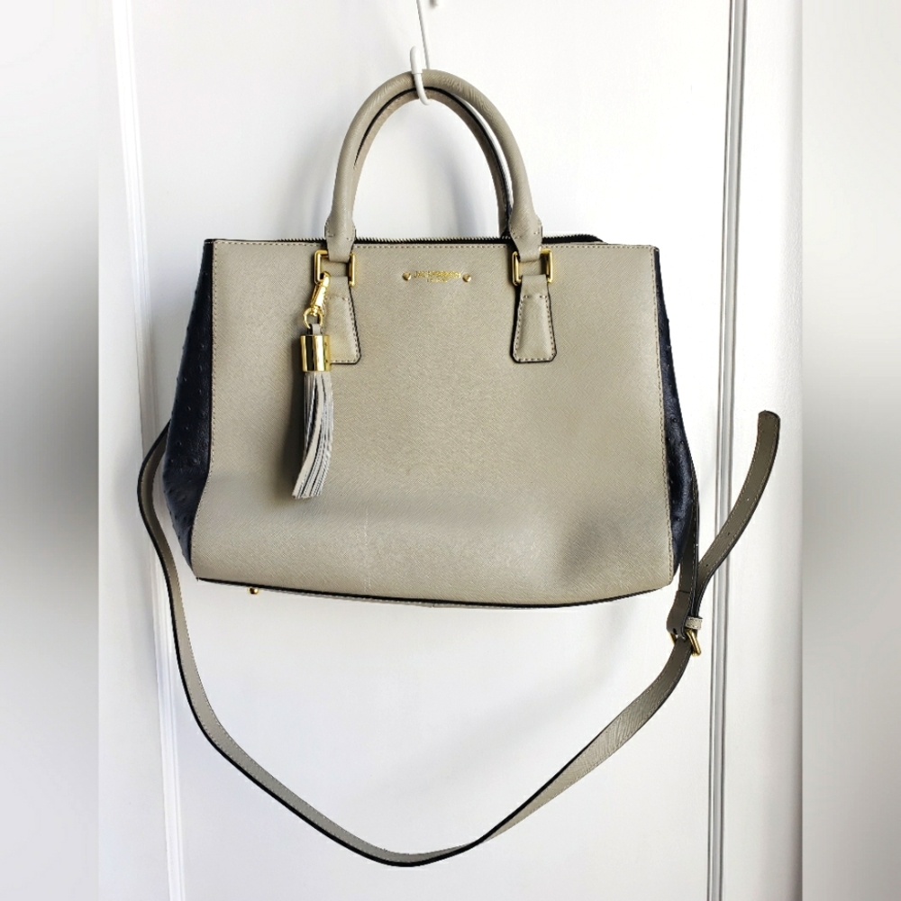 Jack French Leather Bag, Gray & Purple Handbag with Removable Strap